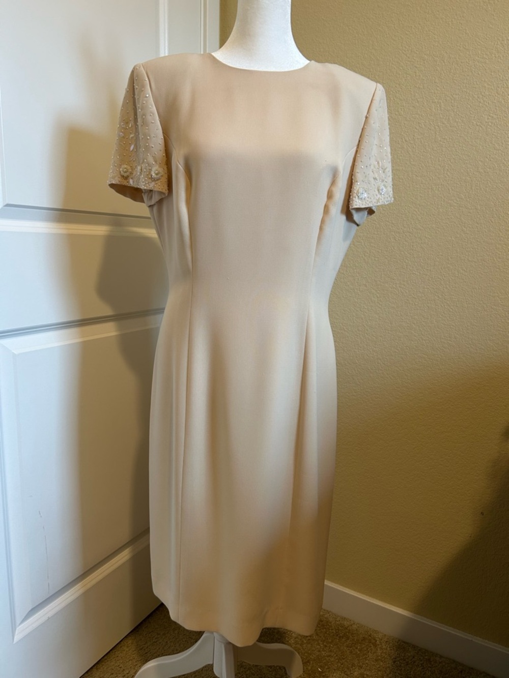 Donna Morgan Cream Midi Dress with Beaded Short Sleeves